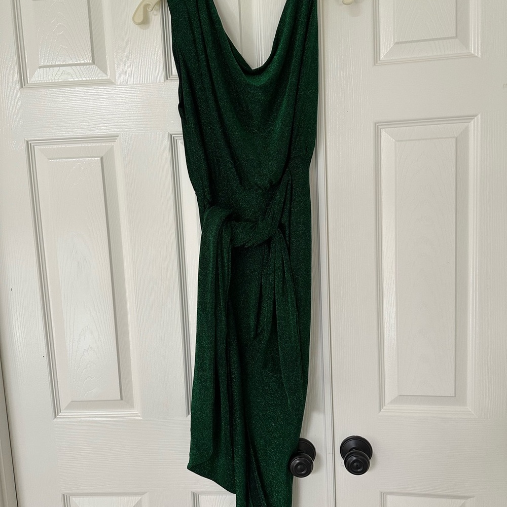 Petal and Pup Off Shoulder Midi Shimmery Emerald Green Dress- NEW WITH TAGS